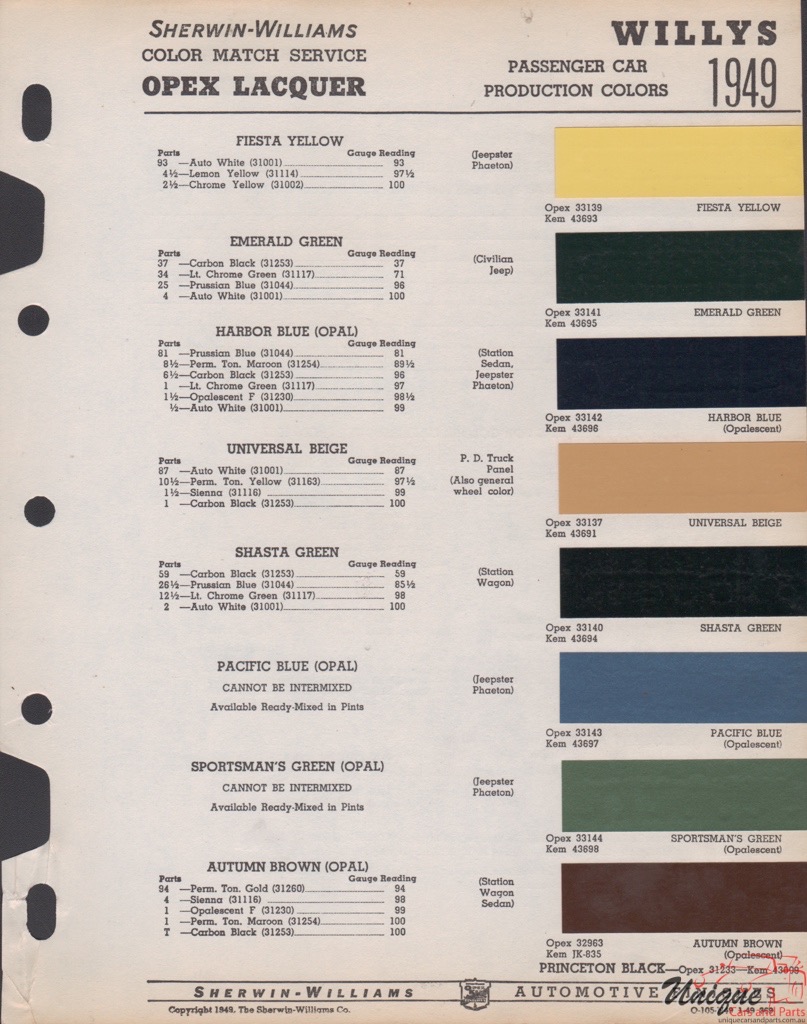 1949 Willys Paint Charts Williams 1